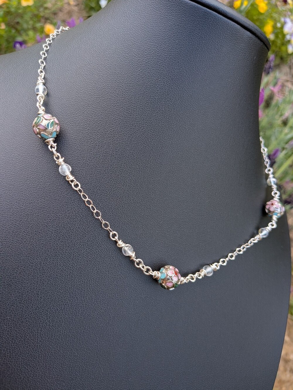 Sterling Silver Flower Necklace - Vintage Cloisonne Beads - Topaz Gems - Picture 11 of 14